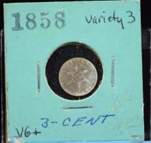 1858 Silver Three Cent Variety 3 Scarce VG Plus