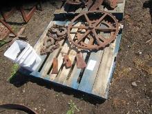Skid with Chains with Hooks, Old Steel Gear Pulleys, Split & Axe Heads