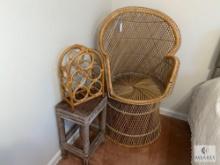 1970s Vintage Rattan Chair with Side Table and Wine Rack