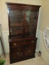Traditional Mahogany Federal Style China Cabinet Double Glass Pane Doors Over 2 Base Dovetail