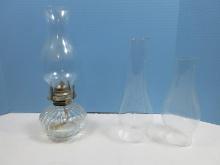 Lot Farm Lamp Light Pressed Glass Ribbed Melon Oil Lamp w/ Chimney Plus 2 Extra 13 1/4"