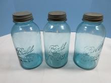 3 Vintage Large Ball Perfect Mason Blue Glass Canning Jars w/ Zinc Lids