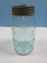 Rare Find Mason's Improved Trademark Blue Glass Mason Canning Jar w/ CJF Logo Emblem
