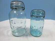 2 Atlas E-Z Seal Blue Glass Mason Canning Jars w/ Wirelock and Glass Lids 10" / 7 1/2"