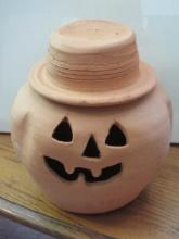 Adorable Terra Cotta Clay Jack-O-Lantern Figural Halloween Pumpkin w/Top Hat-Approx 10"