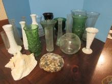 Lot 18 Various Glass Vases Milk Glass Concave Dots 7 1/4" Trumpet, Clear Optical Spiral Cylinders