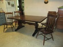7 pc. Ethan Allen Furniture Knotty Pine Old Tavern Collecting Trestle Base Dining Table w/ 4 Chairs