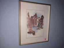(DBR2) FRAMED LITHOGRAPH DEPICTING A CANAL IN AMSTERDAM. SIGNED GLORIANA. DISPLAYED IN A WHITE FRAME