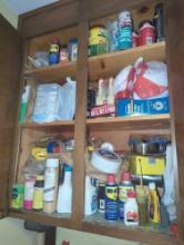 (LDR) CABINET LOT OF ASSORTED ITEMS INCLUDING WD-40, PANEL CLEANER, BRAKE PADS, RUST-OLEUM SPRAY