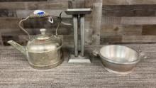 4 TUBE METAL CANDLE MOLD, GURDIAN BOWL & TEAKETTLE