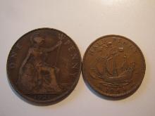 Foreign Coins: Great Britain 1921 1 Penny & 1944 (WWII) 1/2 Penny
