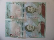 Foreign Currency: 2xVenezuela consecutive Serial #  2 Bolivares (UNC)