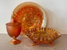 Group of Amber Carnival Glass Items