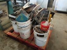 Pallet consisting of White Plastic Buckets, Metal Screws, Group of Stainless Steel Bins, Misc.