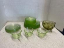 Green depression glass plates, and mugs
