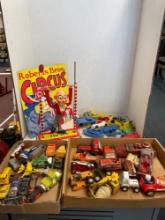 Vintage diecast cars, Vintage plastic cars, airplane, boats, and a vintage Tojo Ohio art clown with
