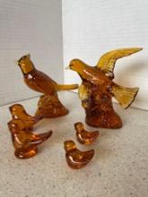 Set of 6 amber glass mosser birds