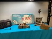Vintage clock, Risk game, toaster, and more