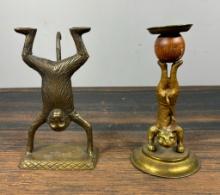 Vintage Brass Monkey and Lion Doing Handstands Candle Holder