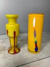 Bright Yellow and Red Art Glass Vase & Yellow Art Glass with Multi Color Glass Streak