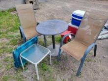 Patio chairs, lounge chair, tables, stand