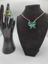 Vintage Trifari Enameled Signed Butterfly Ring & Necklace Unsigned
