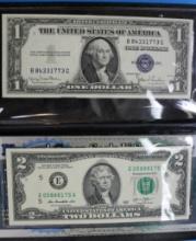 Blue and Green Seals US Currency 1935 D $1 Silver Certificate and 2013 $2 Bank Note