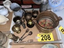 LOT OF ASSORTED COPPER & BRASS COLLECTIBLES: MULES, FLATWARE, PITCHER