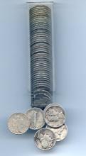 USA 1916-45 Mercury dimes, roll of 50 different pieces