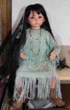 Excellent Artist-Made Realistic Porcelain Native American Doll with Natural Material Clothes